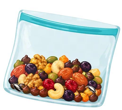 Un sac à collation réutilisable rempli d’un délicieux mélange de noix, de fruits séchés et de graines.