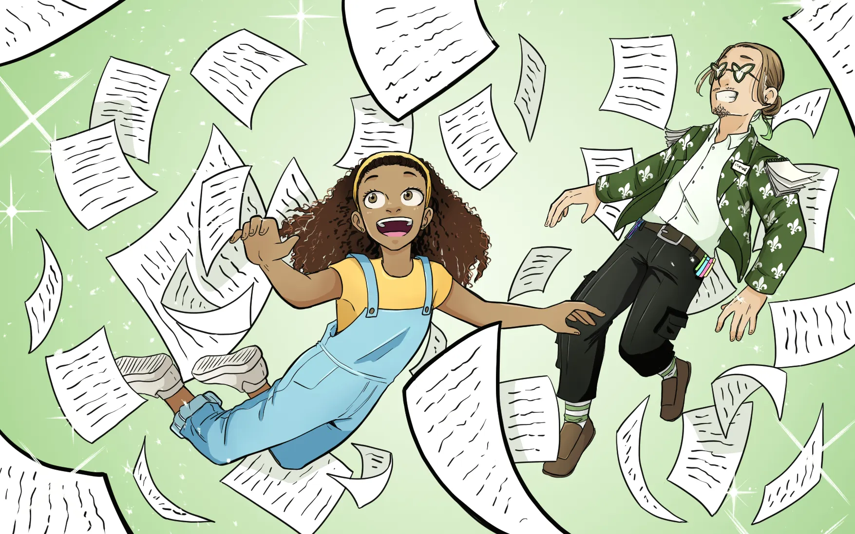 Jasmine et Lysandre, souriants, flottent au milieu des feuilles tourbillonnantes d’une histoire.