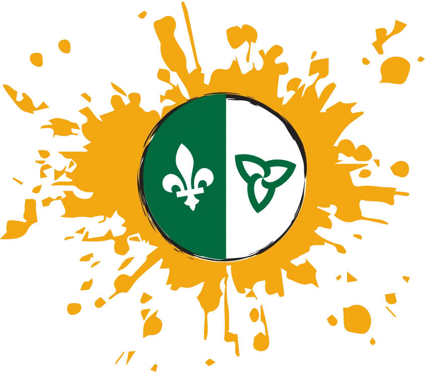 Un cercle aux couleurs franco-ontariennes divisé en deux. La moitié gauche présente une fleur de lys blanche sur fond vert. L’autre moitié présente un trille vert sur fond blanc.