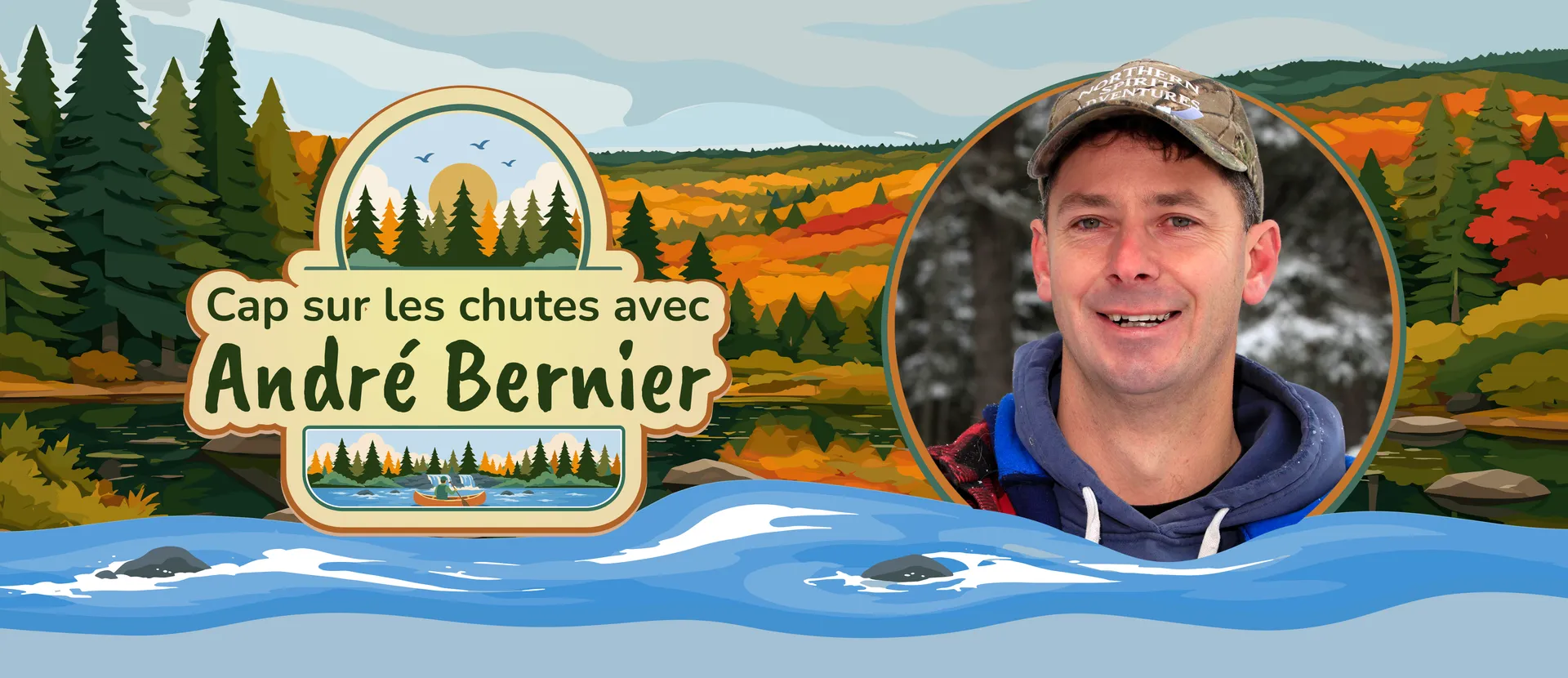 Portrait d'André Bernier souriant devant une illustration de montagne, de cascade et d'une forêt en automne.
