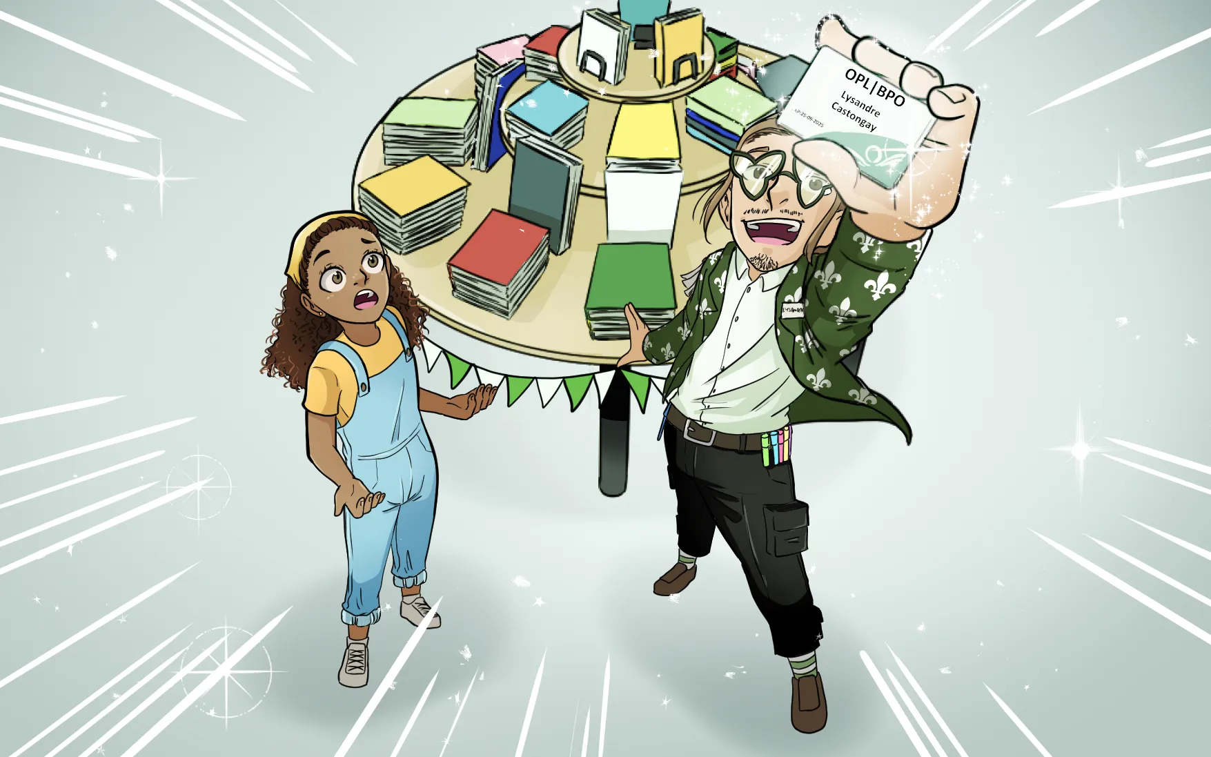 Lysandre, souriant, lève sa carte de bibliothèque en l’air. Jasmine affiche une expression ébahie. Derrière eux, il y a une table remplie de livres.