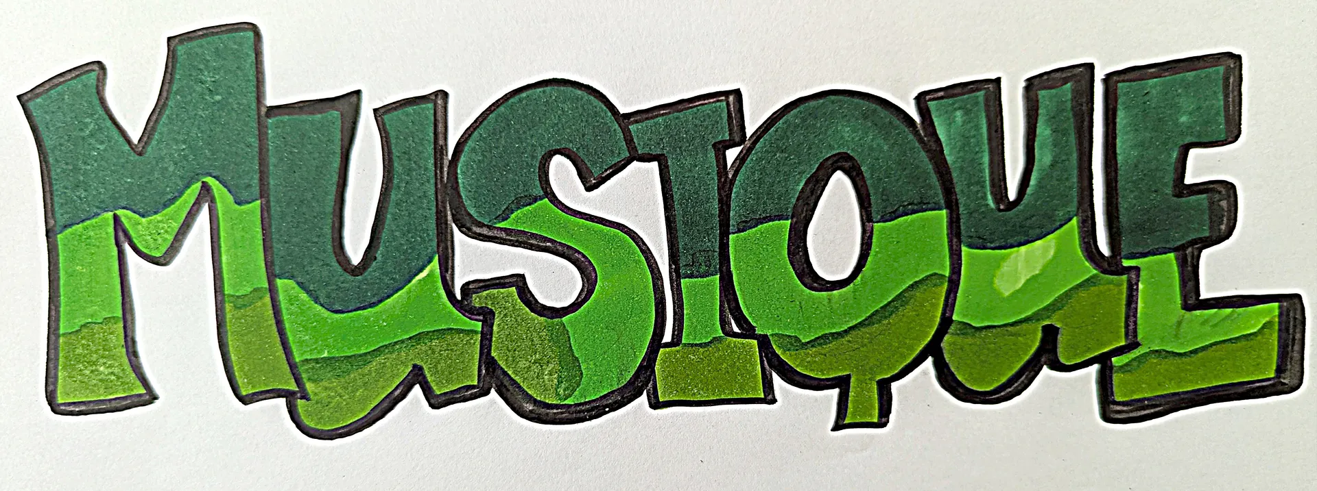 Les lettres en 3D du mot « musique » apparaissent en trois couleurs : vert forêt, vert pomme et kaki.