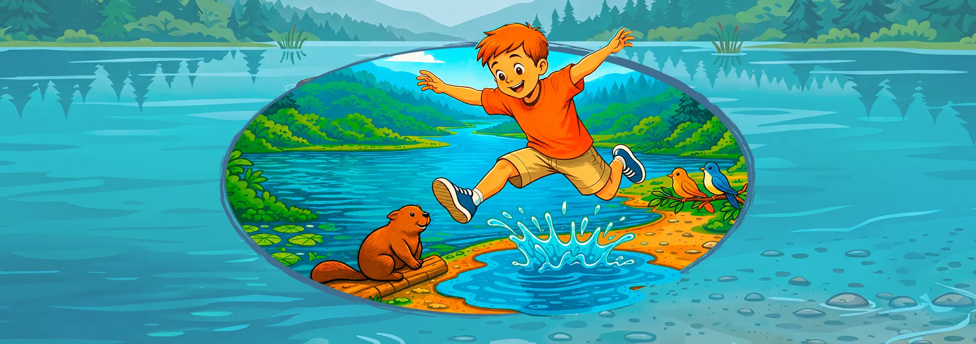 Illustration d’un garçon joyeux qui saute par-dessus une flaque d'eau à côté d'un castor et de deux oiseaux.