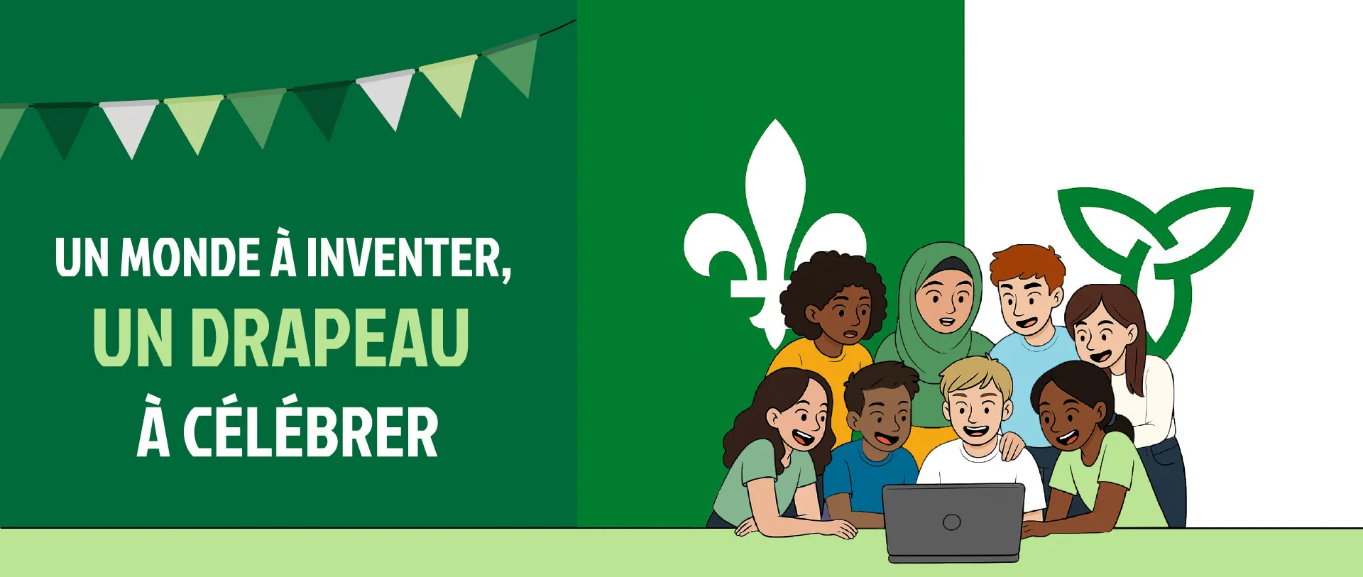 Devant un drapeau franco-ontarien, 8 personnes d’origines culturelles variées regardent un écran d’ordinateur, l’air agréablement surpris.