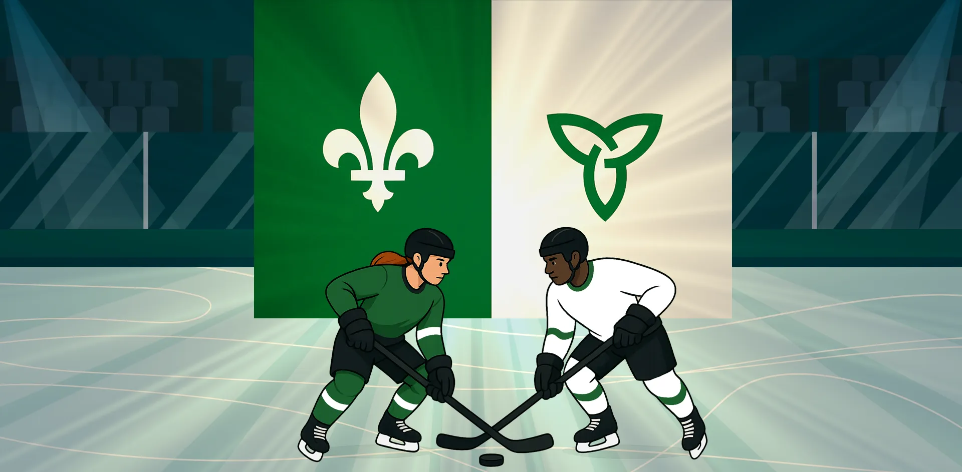Deux personnes face à face lors d’une mise au jeu de hockey. L’une porte un jersey vert, l’autre porte un jersey blanc. À l’arrière se dresse un drapeau franco-ontarien.