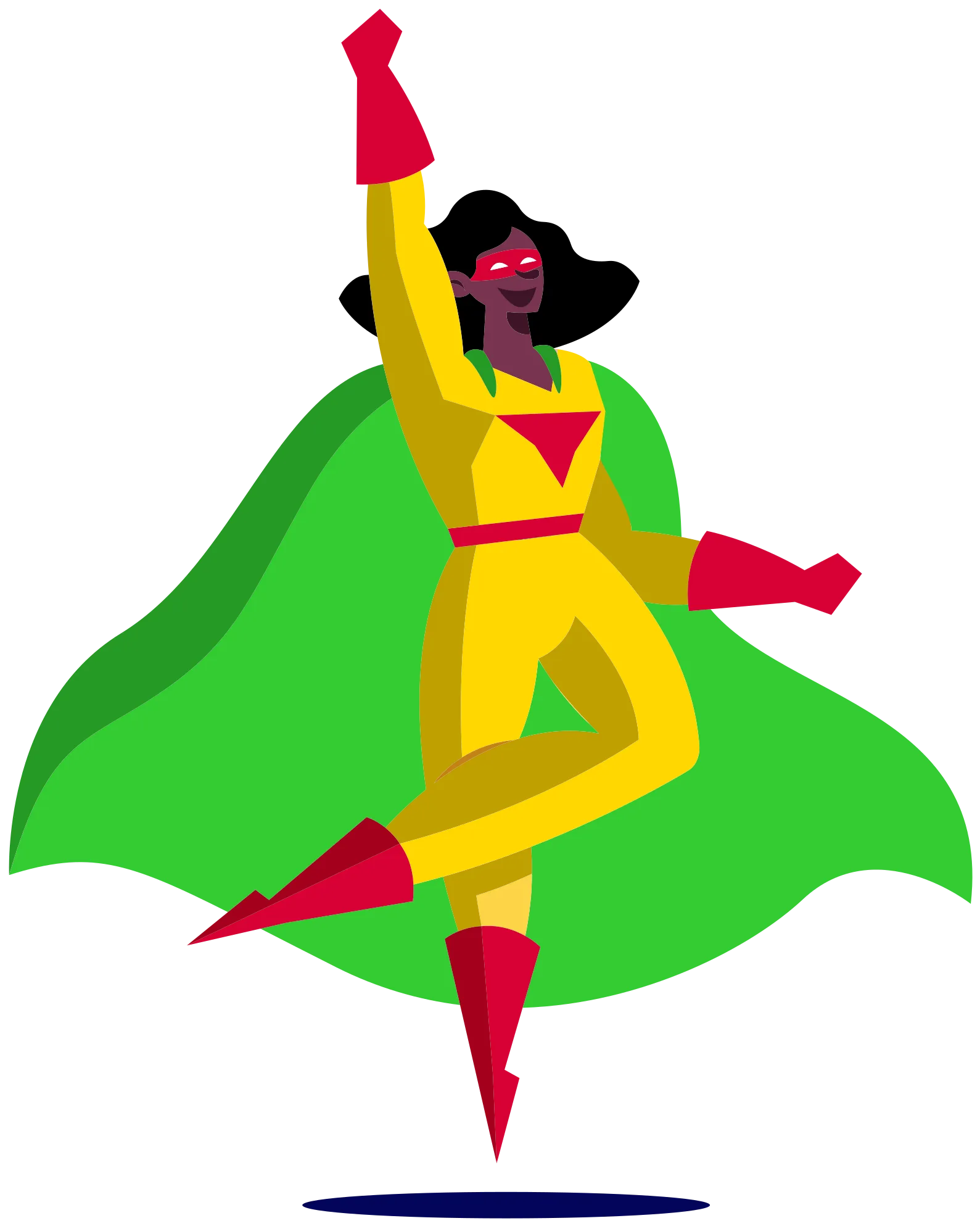 Une superhéroïne qui brandit le poing en l’air en effectuant un saut gracieux.