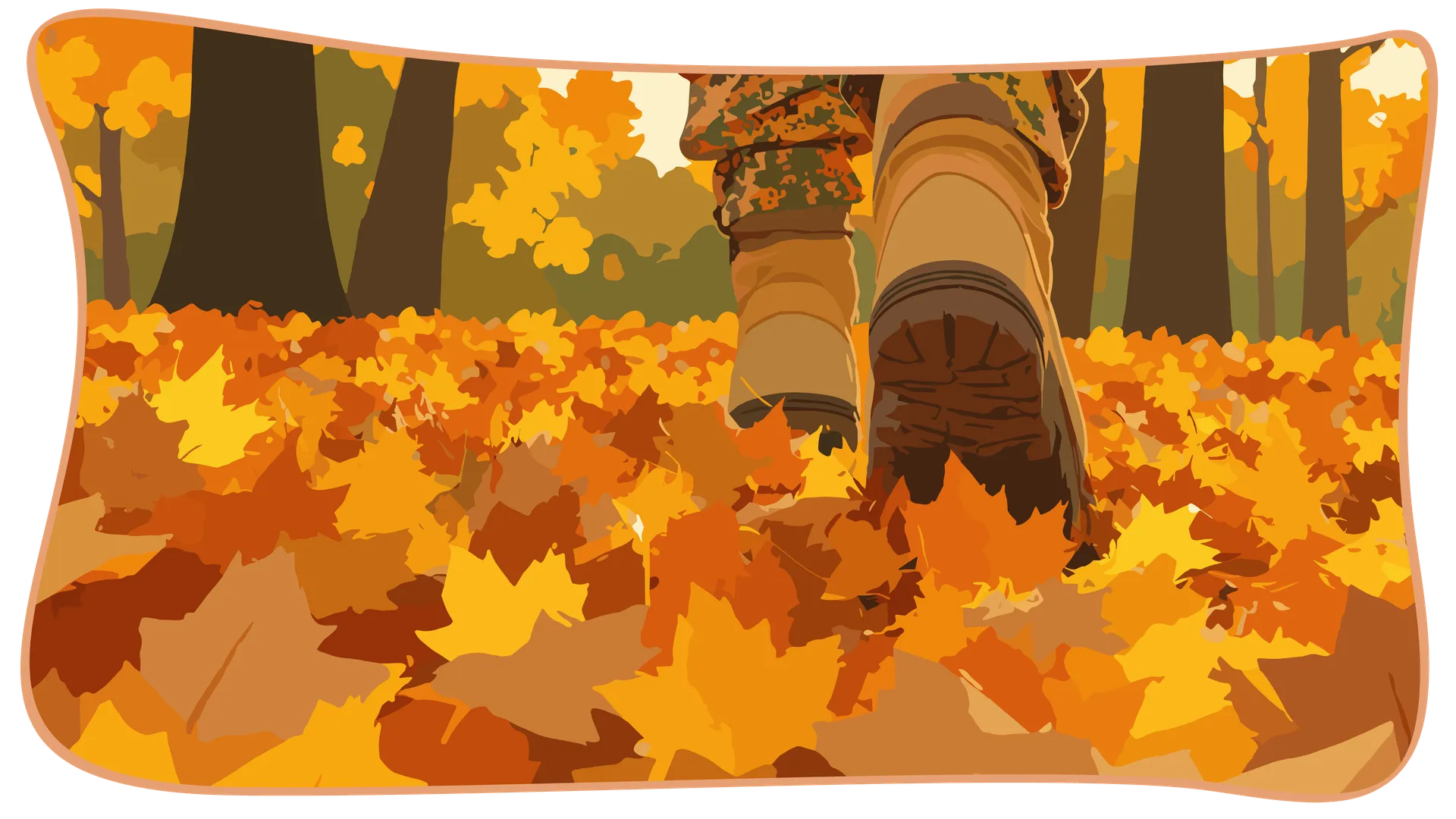 Illustration en gros plan des bottes d'un randonneur marchant sur un sentier couvert de feuilles d'automne.