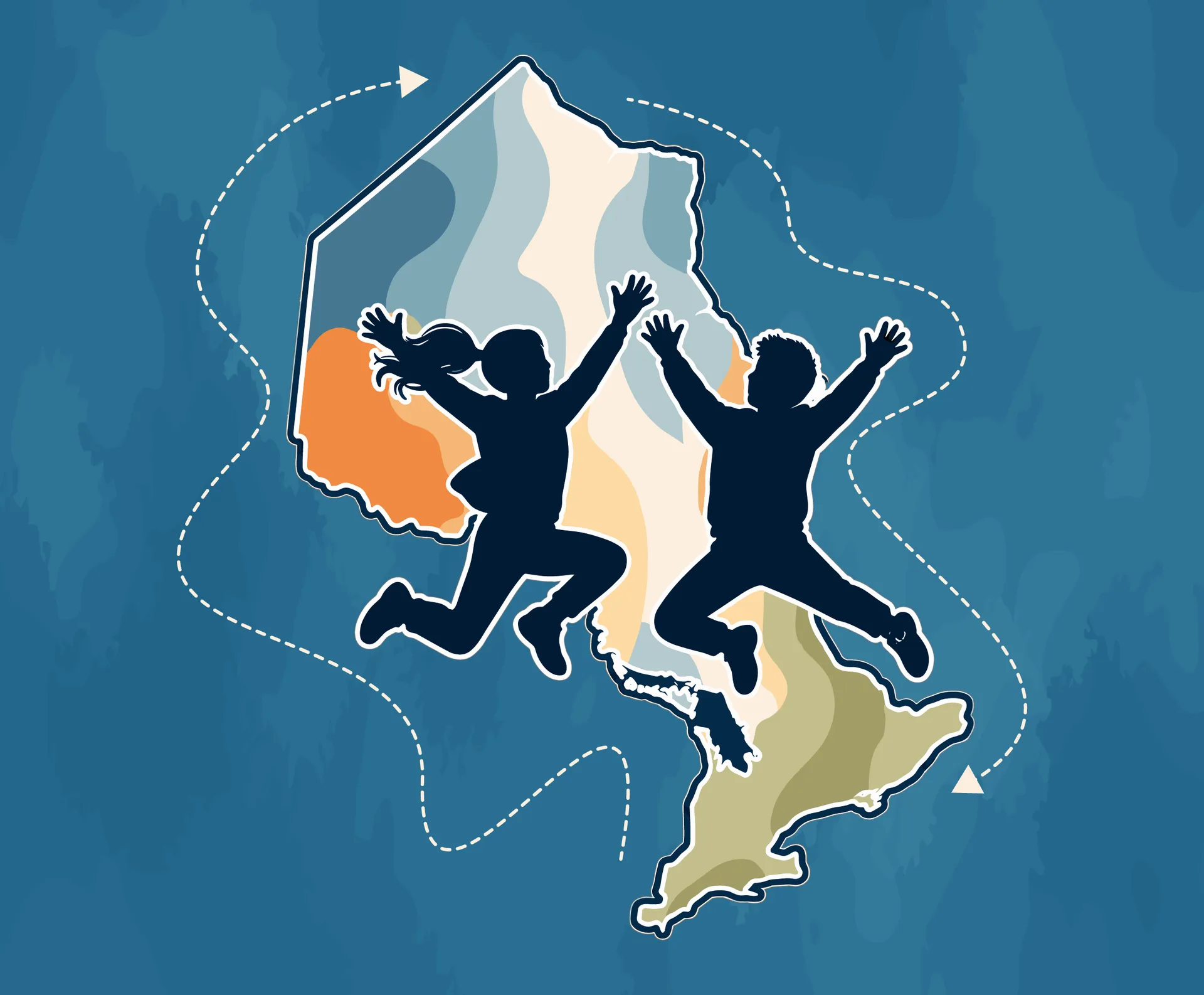 Carte de l'Ontario avec la silhouette de deux enfants qui sautent de joie.