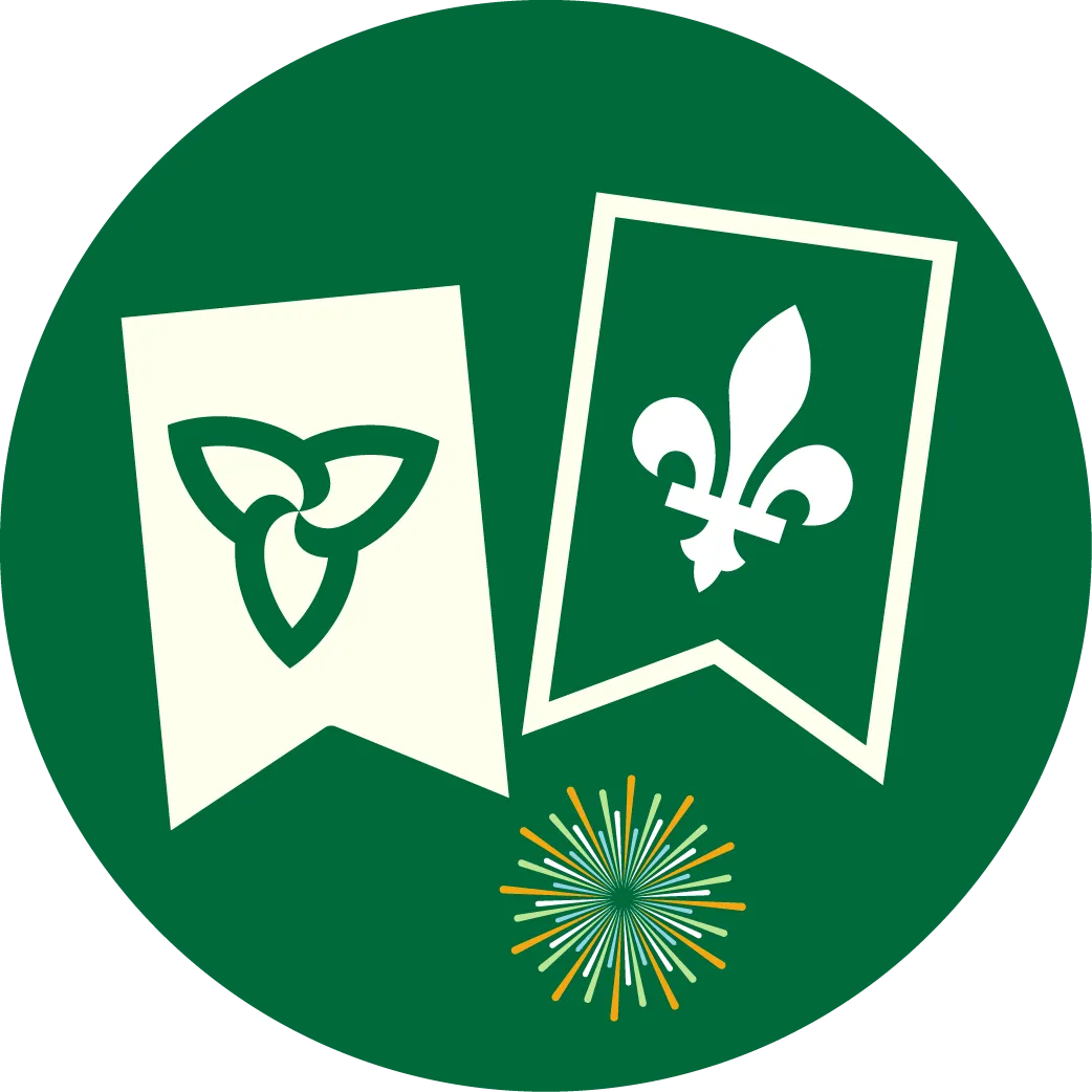 Deux rubans : le premier est blanc avec un trille vert, le deuxième est vert avec une fleur de lys blanche.