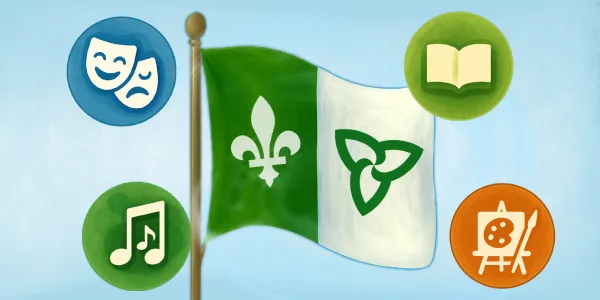 Drapeau franco-ontarien entouré d’icônes culturelles : théâtre, littérature, musique et arts visuels.