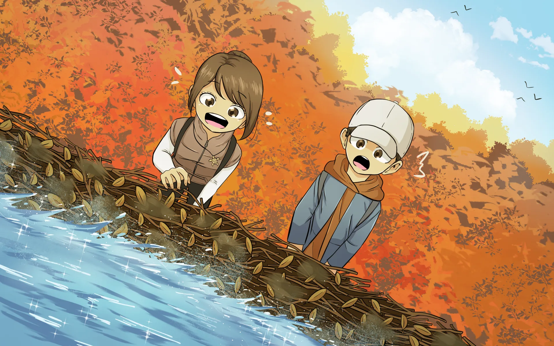 Camille et Éloi regardent avec surprise un grand barrage de branches et de feuilles construit au milieu d’une rivière. Derrière eux, la forêt a de jolies couleurs d’automne, soit orangé et jaune.