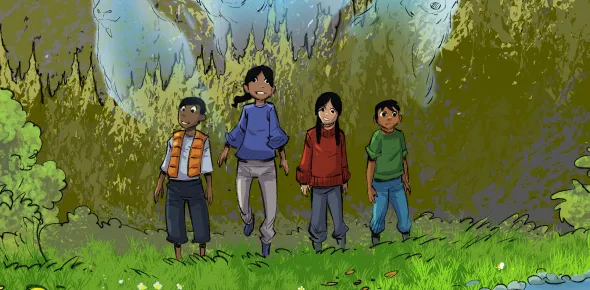 Quatre enfants dans la forêt.