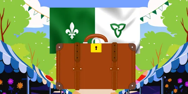 Drapeau franco-ontarien derrière une valise au cœur d’un marché coloré, symbole de découverte, voyage et culture francophone en Ontario.