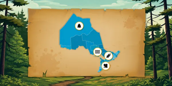 Carte de l'Ontario stylisée sur un vieux parchemin, avec des icônes de forêt et de nature pour l'aventure.