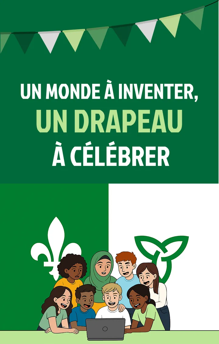 Devant un drapeau franco-ontarien, 8 personnes d’origines culturelles variées regardent un écran d’ordinateur, l’air agréablement surpris.