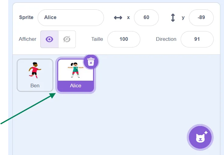 Le sprite Alice est à droite du sprite Ben.