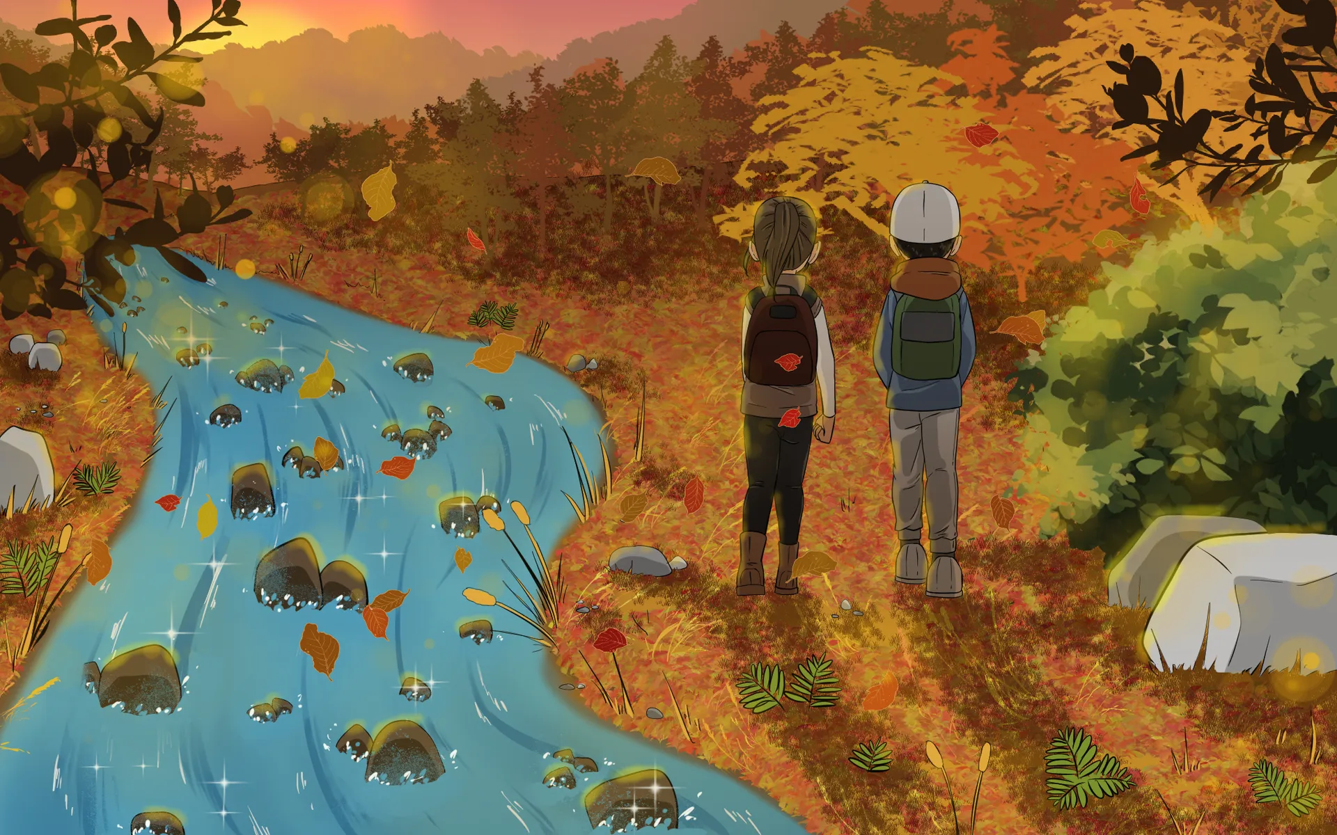 Camille et Éloi sont vus de dos au bord d’un ruisseau scintillant sous la lumière de fin d’après-midi. Tout autour d’eux, la forêt se pare de magnifiques teintes automnales orangées, jaunes et vertes.