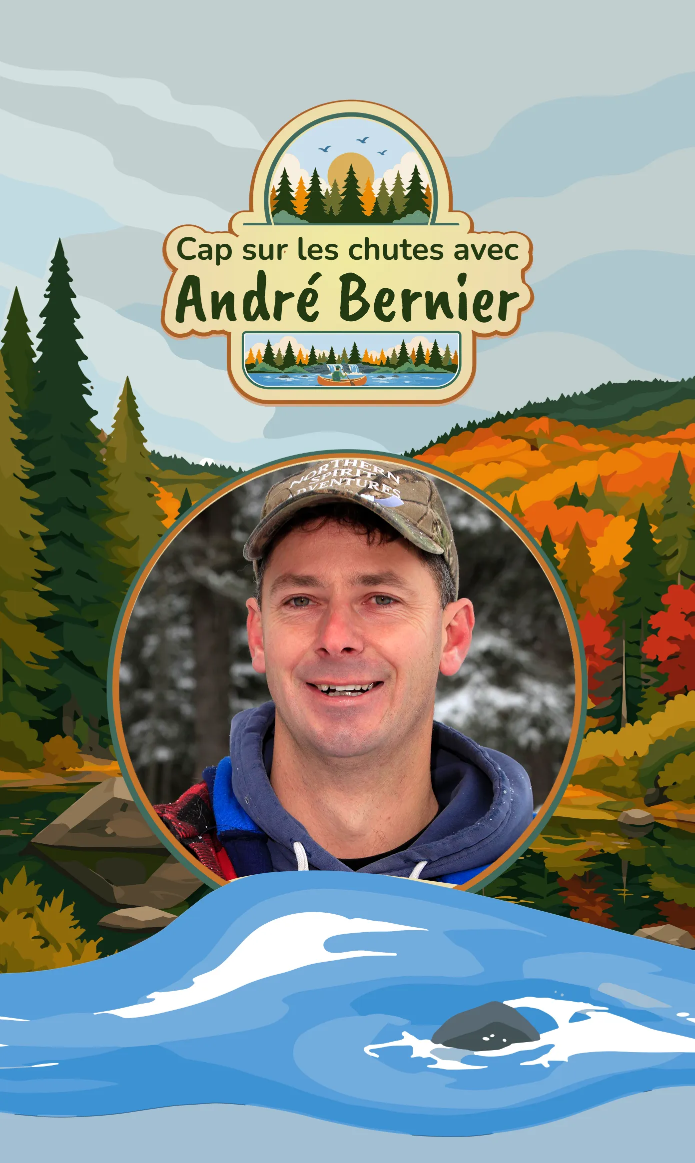 Portrait d'André Bernier souriant devant une illustration de montagne, de cascade et d'une forêt en automne.