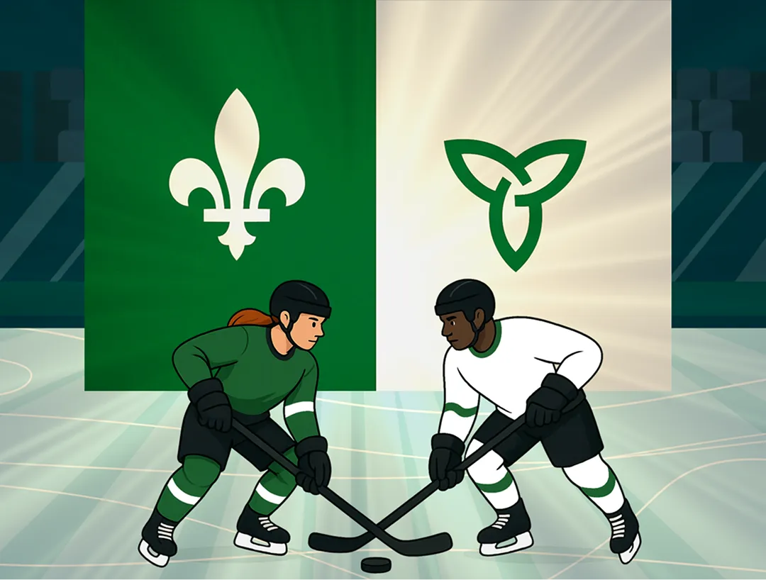 Deux personnes face à face lors d’une mise au jeu de hockey. L’une porte un jersey vert, l’autre porte un jersey blanc. À l’arrière se dresse un drapeau franco-ontarien.