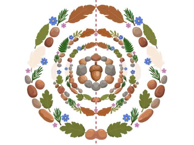Un grand mandala en éléments naturels séparé verticalement en deux par une ligne pointillée.
