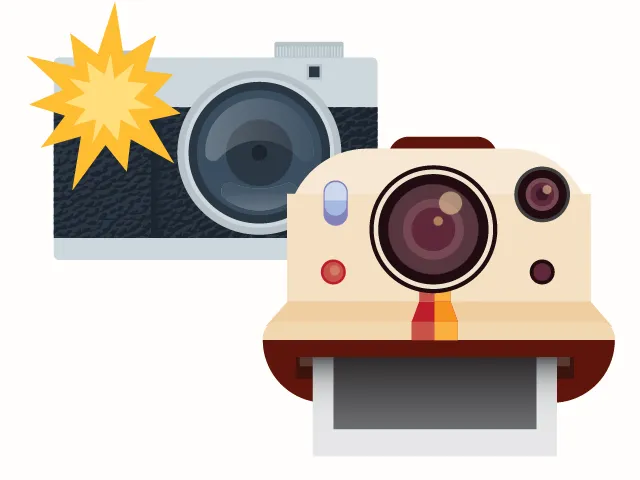 Illustration de deux appareils photo, dont un modèle instantané qui fait sortir une photo blanche.