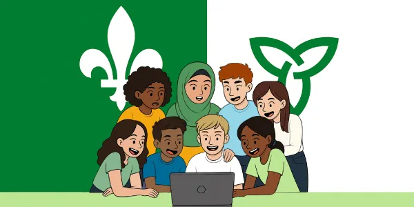 Devant un drapeau franco-ontarien, 8 personnes d’origines culturelles variées regardent un écran d’ordinateur, l’air agréablement surpris.