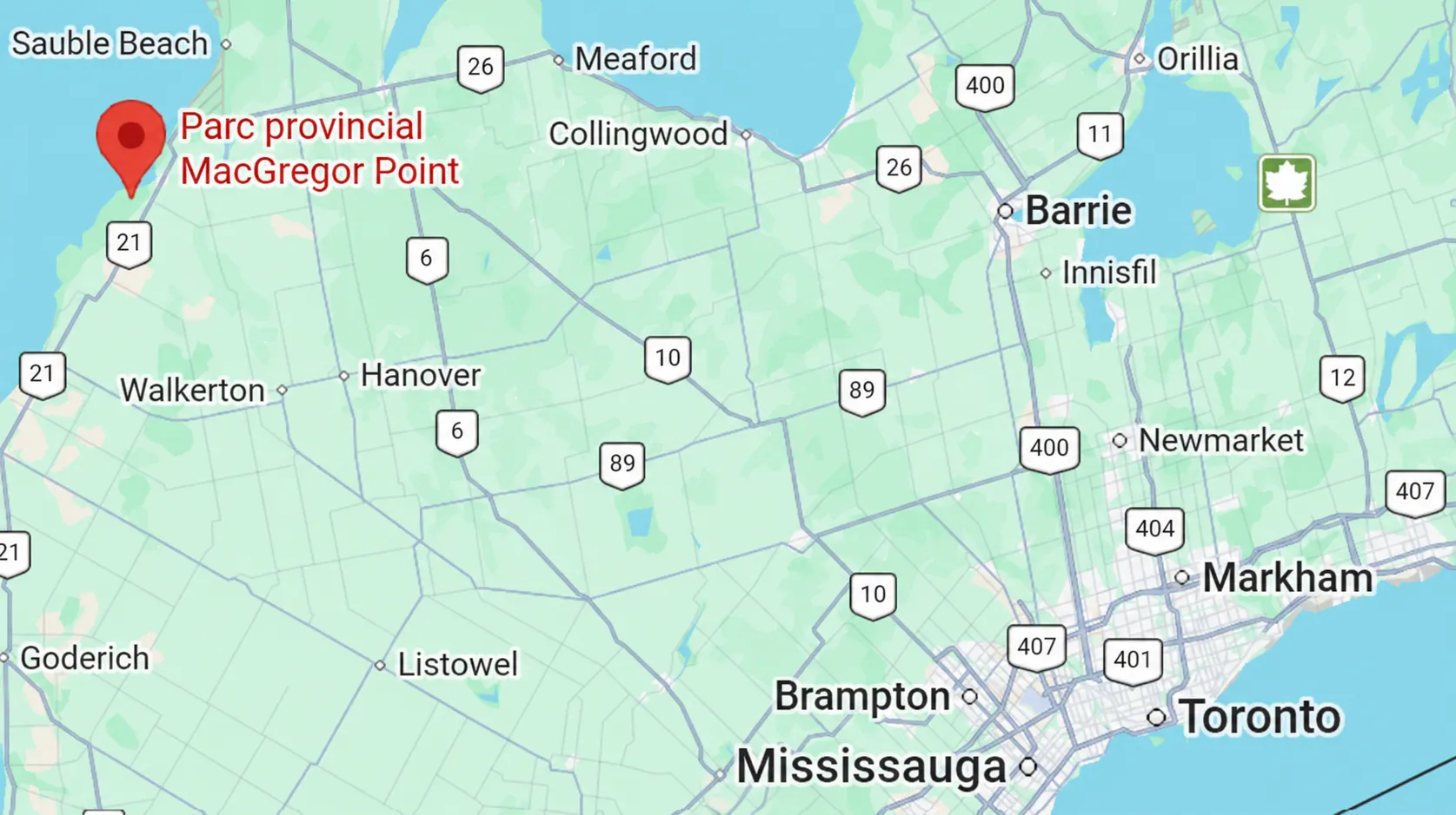 Une carte routière du sud de l’Ontario. Un gros repère indique l’emplacement du parc provincial MacGregor Point.