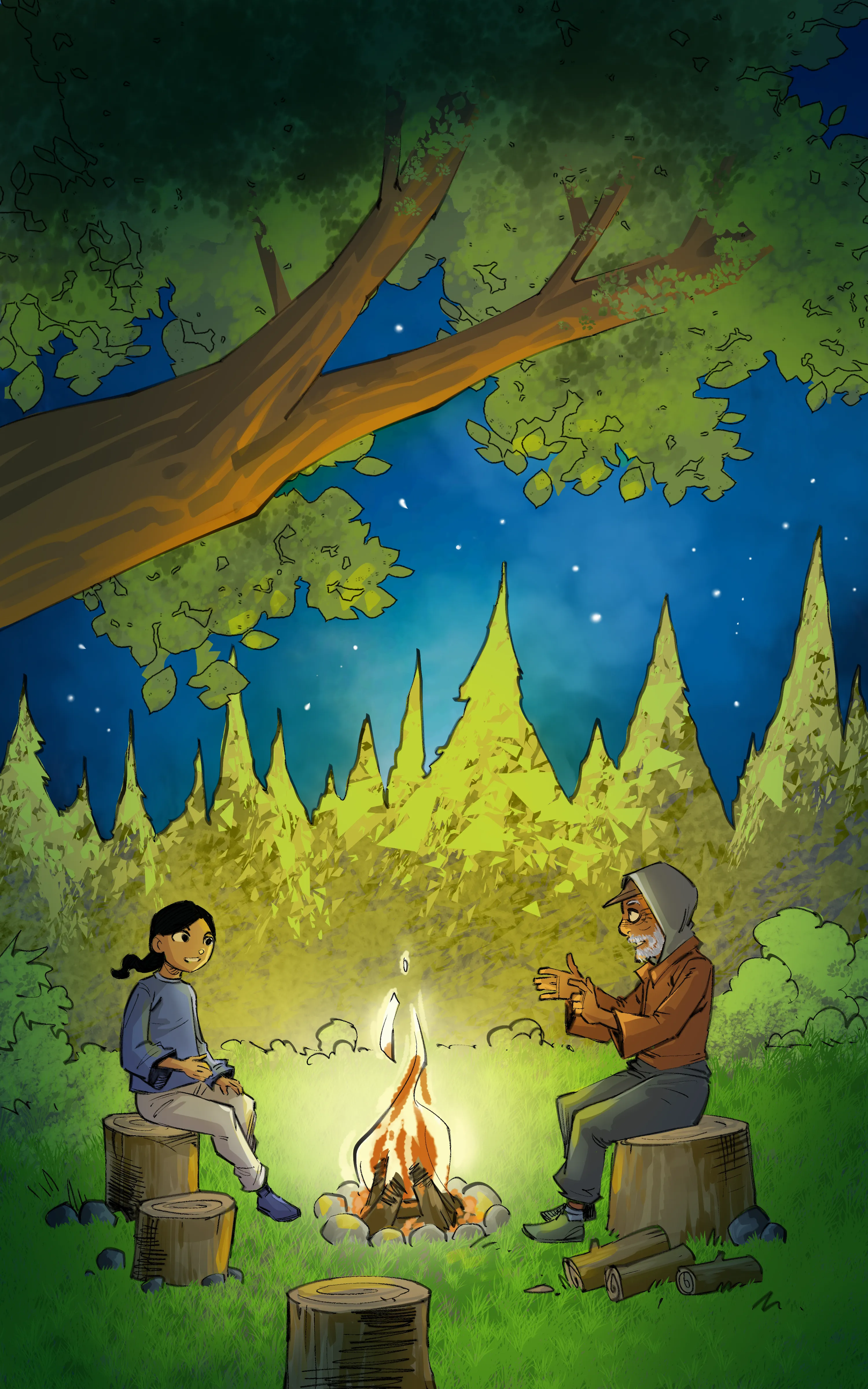 Dans la forêt sous les étoiles, Aiyana et Nimushum sont assis face à face sur des souches, de part et d’autre d’un feu de camp.