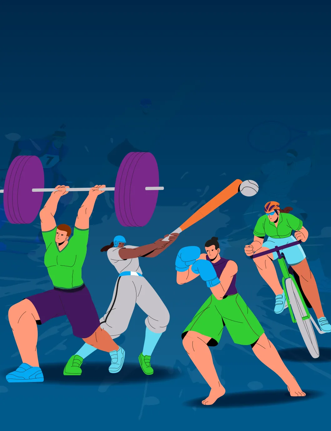 Des athlètes à la musculature développée pratiquant différents sports.