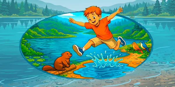 Illustration d’un garçon joyeux qui saute par-dessus une flaque d'eau à côté d'un castor et de deux oiseaux.
