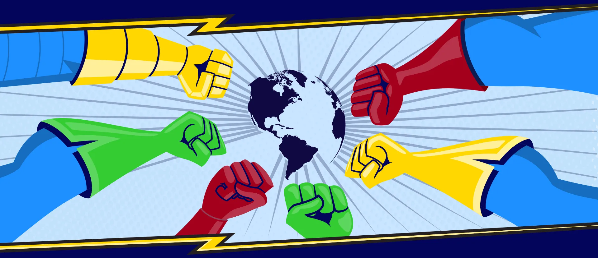 Six bras de superhéros, le poing fermé en signe de force, réunis autour de la planète Terre.