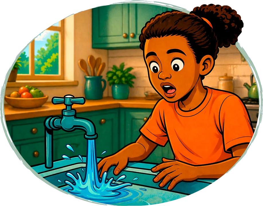 Illustration d'une jeune fille surprise qui regarde l’eau couler d’un robinet dans un évier de cuisine.