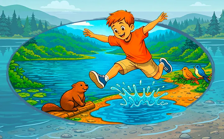 Illustration d’un garçon joyeux qui saute par-dessus une flaque d'eau à côté d'un castor et de deux oiseaux.